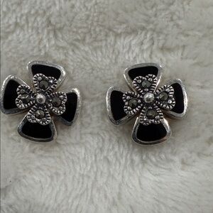 925  silver black onyx inlay marcasite Earrings